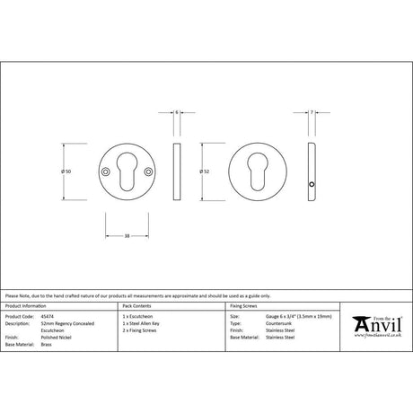 From The Anvil Door Furniture Polished Nickel / Euro Profile Escutcheons From The Anvil - Polished Nickel 52mm Regency Concealed Escutcheon