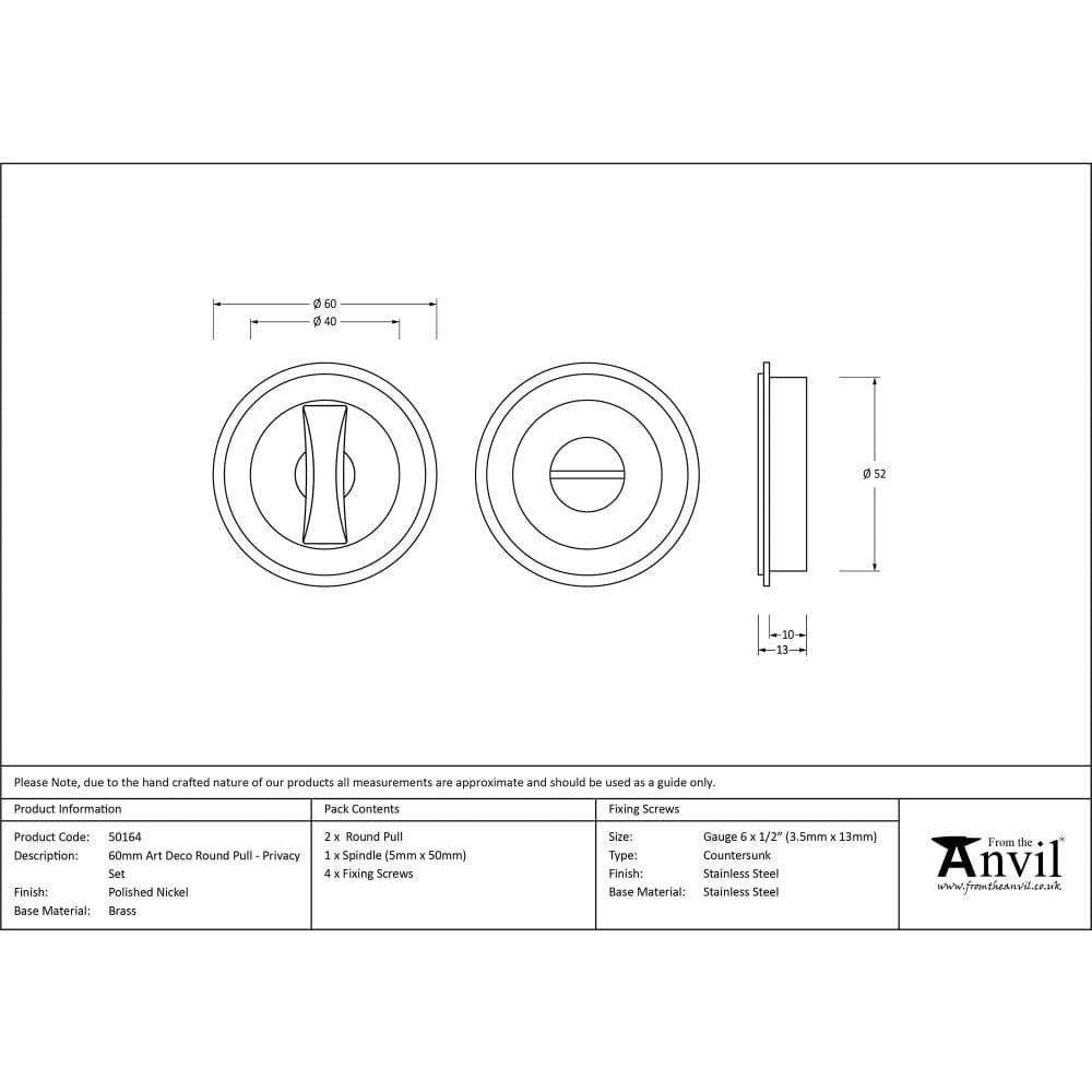 From The Anvil Door Furniture Polished Nickel / Round Flush Pull (Privacy) / Round From The Anvil - Polished Nickel 60mm Art Deco Round Pull - Privacy Set