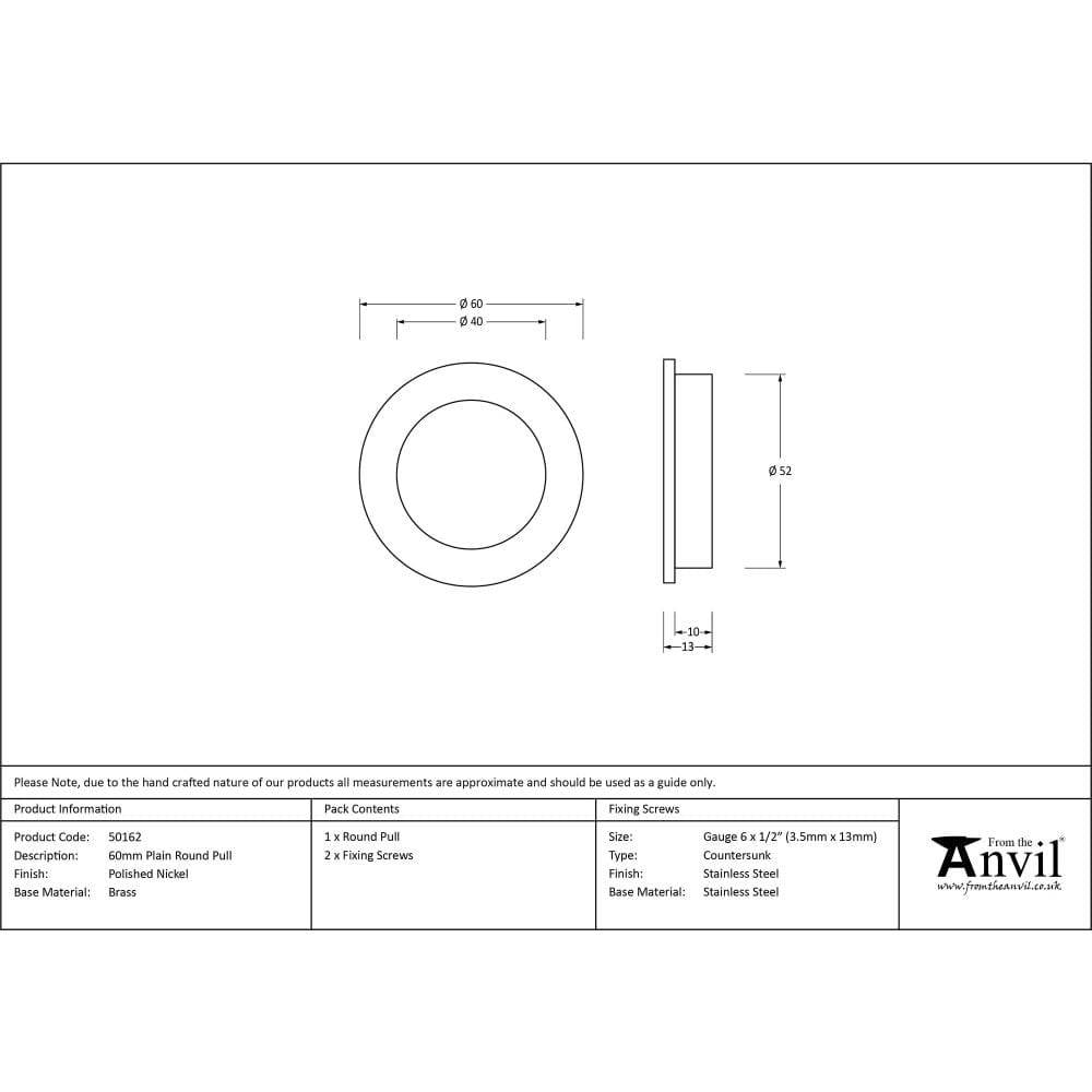 From The Anvil Door Furniture Polished Nickel / Flush Handle / Round From The Anvil - Polished Nickel 60mm Plain Round Pull