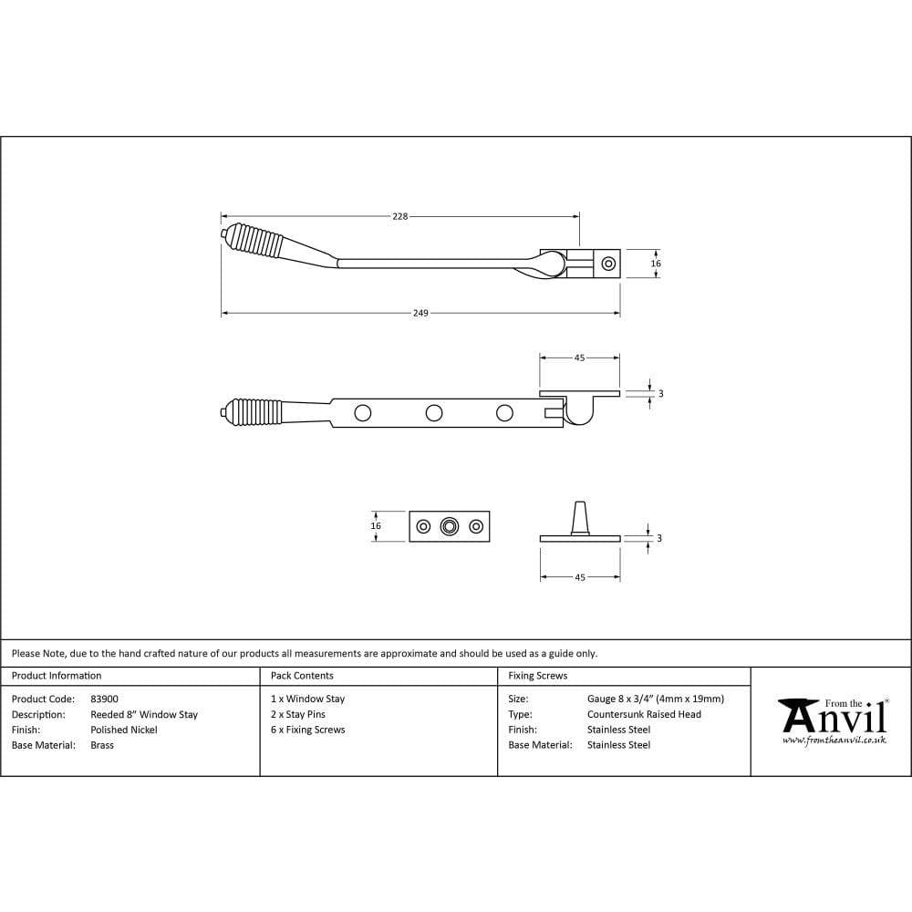 From The Anvil Window Furniture Polished Nickel / 8"/200mm From The Anvil - Polished Nickel 8" Reeded Stay