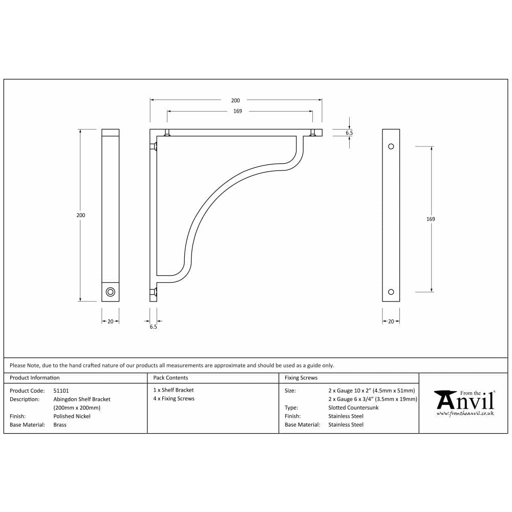 From The Anvil Accessories Polished Nickel / Shelf Brackets / 200 x 200mm From The Anvil - Polished Nickel Abingdon Shelf Bracket (200mm x 200mm)