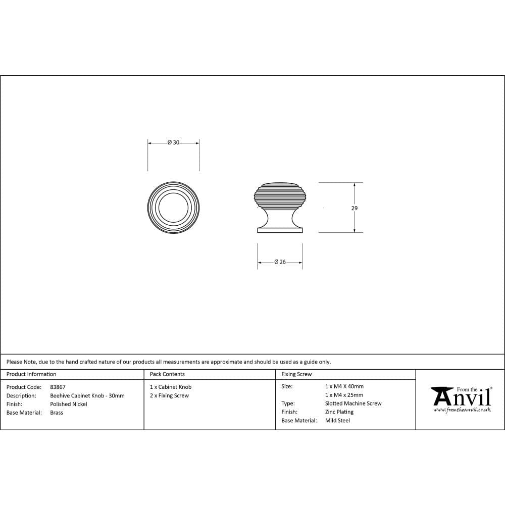 From The Anvil Cabinet Hardware Polished Nickel / Cabinet Knobs / 30mm Dia. From The Anvil - Polished Nickel Beehive Cabinet Knob 30mm