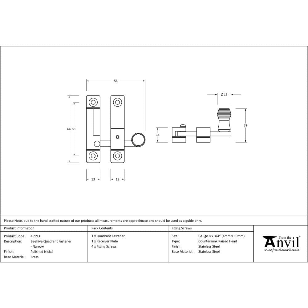 From The Anvil Window Furniture Polished Nickel / Sash Window Quadrant Fasteners / Yes From The Anvil - Polished Nickel Beehive Quadrant Fastener - Narrow