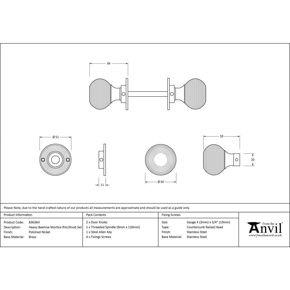 From The Anvil Door Furniture Polished Nickel / Mortice/Rim Knobs From The Anvil - Polished Nickel Heavy Beehive Mortice/Rim Knob Set