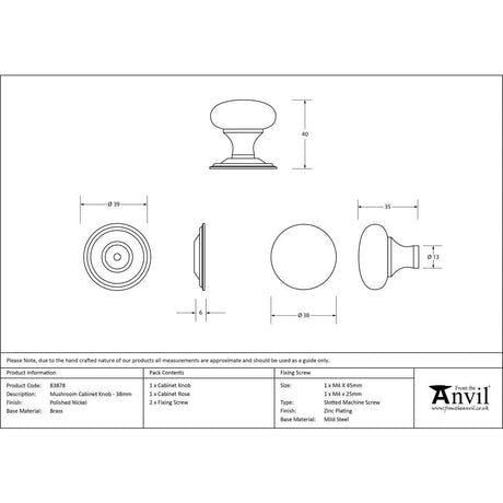 From The Anvil Cabinet Hardware Polished Nickel / Cabinet Knobs / 38mm Dia. From The Anvil - Polished Nickel Mushroom Cabinet Knob 38mm