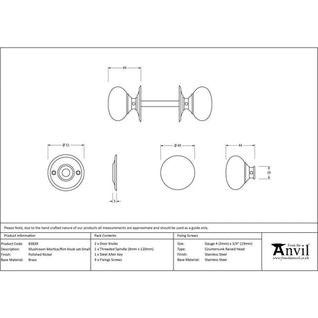 From The Anvil Door Furniture Polished Nickel / Mortice/Rim Knobs From The Anvil - Polished Nickel Mushroom Mortice/Rim Knob Set