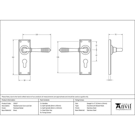 From The Anvil Door Furniture Polished Nickel / Euro Profile Lock Handles From The Anvil - Polished Nickel Reeded Lever Euro Lock Set