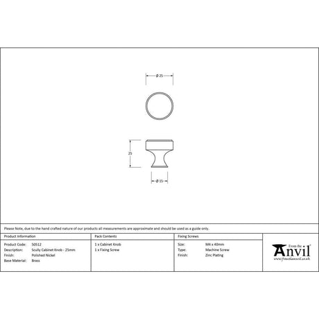 From The Anvil Cabinet Hardware Polished Nickel / Cabinet Knobs / 25mm Dia. From The Anvil - Polished Nickel Scully Cabinet Knob - 25mm