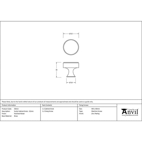 From The Anvil Cabinet Hardware Polished Nickel / Cabinet Knobs / 32mm Dia. From The Anvil - Polished Nickel Scully Cabinet Knob - 32mm