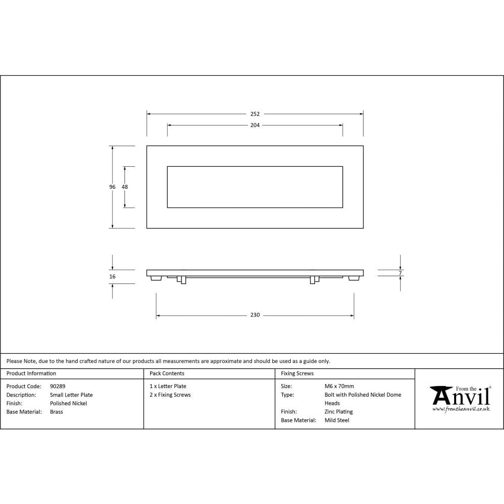 From The Anvil Door Furniture Polished Nickel / Letter Plates / 252 x 96mm From The Anvil - Polished Nickel Small Letter Plate