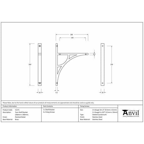 From The Anvil Accessories Polished Nickel / Shelf Brackets / 260 x 200mm From The Anvil - Polished Nickel Tyne Shelf Bracket (260mm x 200mm)