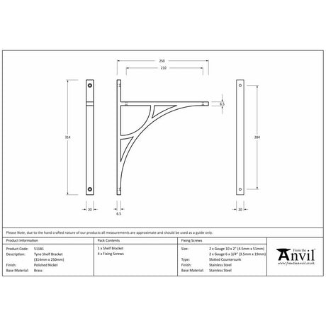 From The Anvil Accessories Polished Nickel / Shelf Brackets / 314 x 250mm From The Anvil - Polished Nickel Tyne Shelf Bracket (314mm x 250mm)