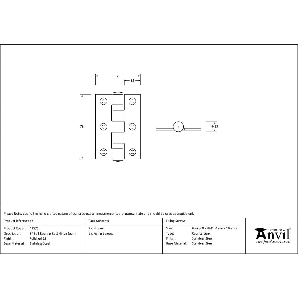 From The Anvil Hinges Polished Stainless Steel / Ball Bearing Hinges / 3" (76mm) From The Anvil - Polished SS 3" Ball Bearing Butt Hinge (pair)