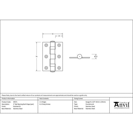 From The Anvil Hinges Polished Stainless Steel / Ball Bearing Hinges / 3" (76mm) From The Anvil - Polished SS 3" Ball Bearing Butt Hinge (pair)