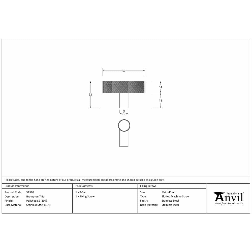 From The Anvil Cabinet Hardware Polished Stainless Steel / Cabinet T-Pulls / 30mm Dia. From The Anvil - Polished SS (304) Brompton T-Bar