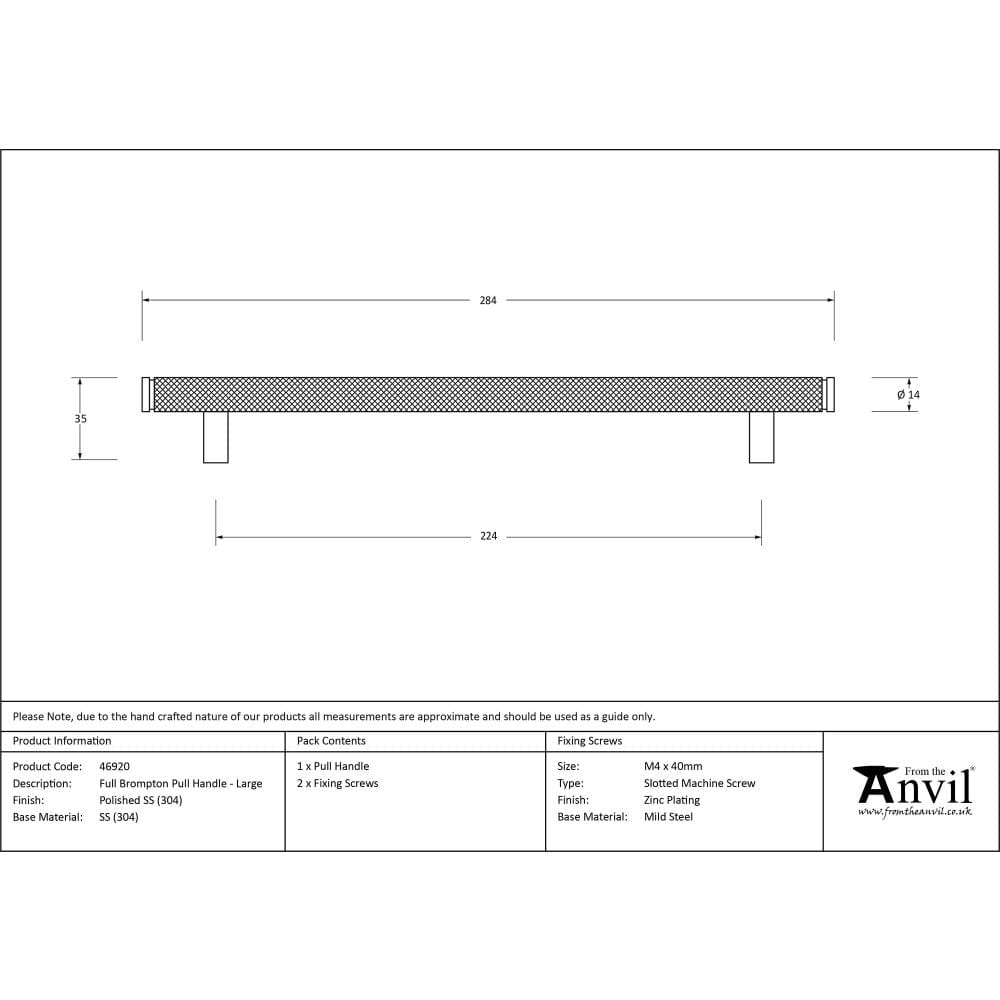 From The Anvil Cabinet Hardware Polished Stainless Steel / Cabinet Pull Handles / Large From The Anvil - Polished SS (304) Full Brompton Pull Handle - Large
