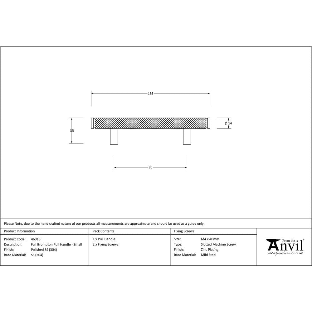 From The Anvil Cabinet Hardware Polished Stainless Steel / Cabinet Pull Handles / Small From The Anvil - Polished SS (304) Full Brompton Pull Handle - Small