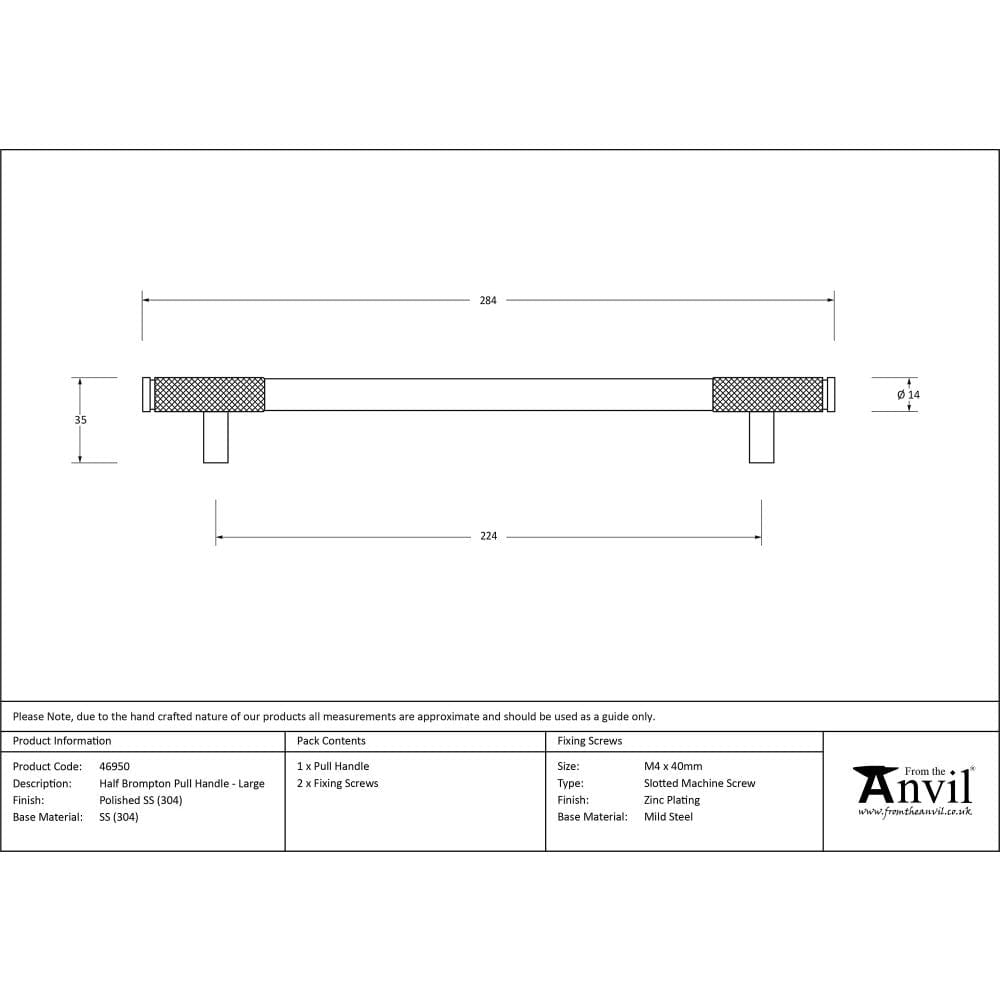From The Anvil Cabinet Hardware Polished Stainless Steel / Cabinet Pull Handles / Large From The Anvil - Polished SS (304) Half Brompton Pull Handle - Large