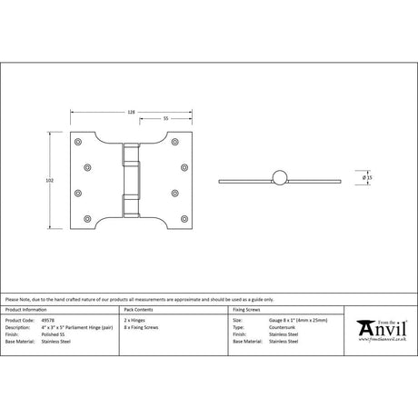 From The Anvil Hinges Polished Stainless Steel / Parliament Hinges / 4" x (102mm) From The Anvil - Polished SS 4" x 3" x 5" Parliament Hinge (pair)
