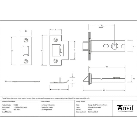 From The Anvil Locks & Latches PVD Brass / Tubular Mortice Latch / 3" From The Anvil - PVD Brass 3" Heavy Duty Latch
