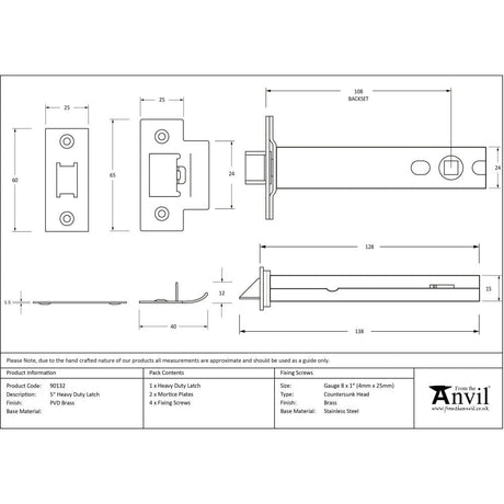 From The Anvil Locks & Latches PVD Brass / Tubular Mortice Latch / 5" From The Anvil - PVD Brass 5" Heavy Duty Latch