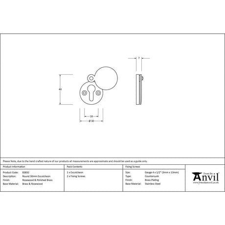 From The Anvil Door Furniture Rosewood / Mortice Key Profile Escutcheons From The Anvil - Rosewood 30mm Round Escutcheon
