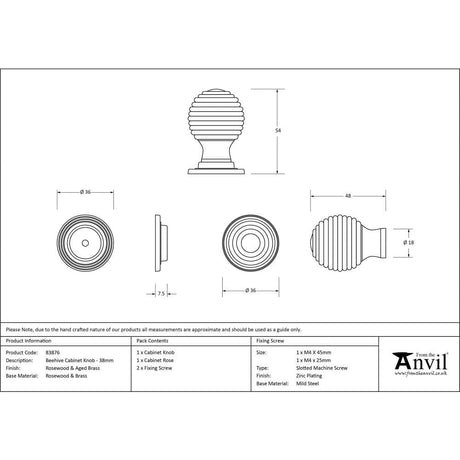 From The Anvil Cabinet Hardware Rosewood / Cabinet Knobs / 38mm Dia. From The Anvil - Rosewood and AB Beehive Cabinet Knob 38mm