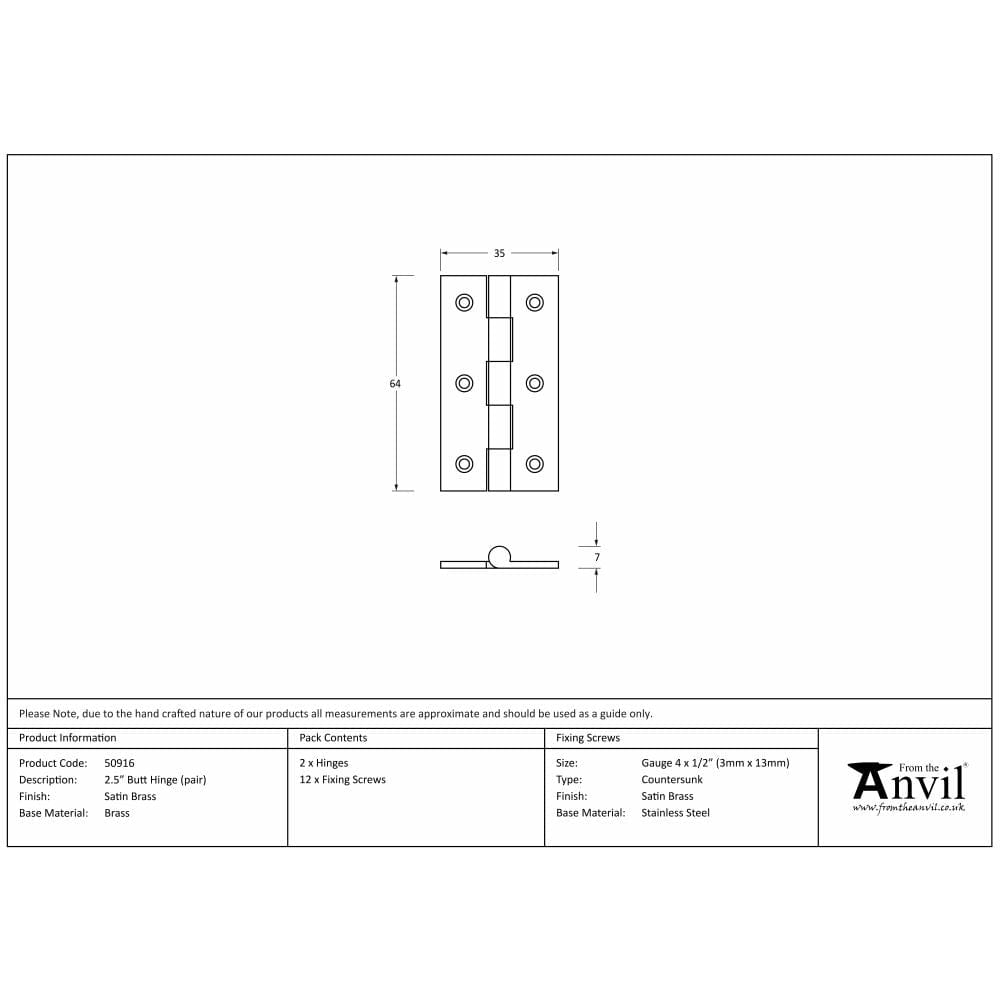 From The Anvil Hinges Satin Brass / Butt Hinges / 2.5" (64mm) From The Anvil - Satin Brass 2.5" Butt Hinge (pair)