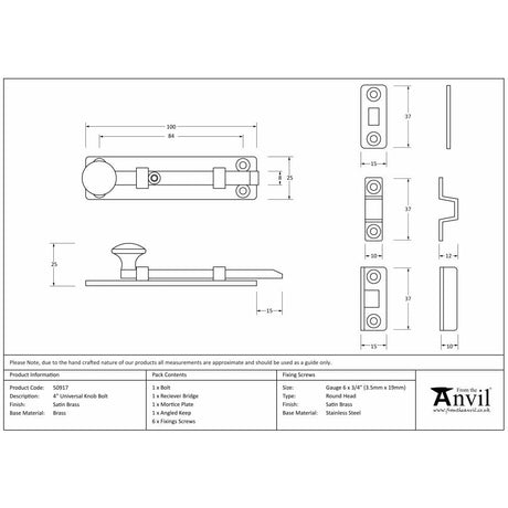 From The Anvil Accessories Satin Brass / Straight Surface Bolts / 100mm / 4" From The Anvil - Satin Brass 4" Universal Bolt