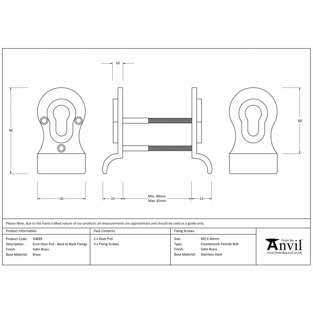 From The Anvil Door Furniture Satin Brass / Euro Profile Cylinder Pull From The Anvil - Satin Brass 50mm Euro Door Pull (Back to Back fixings)
