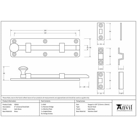 From The Anvil Accessories Satin Brass / Straight Surface Bolts / 150mm / 6" From The Anvil - Satin Brass 6" Universal Bolt