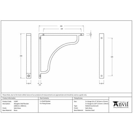 From The Anvil Accessories Satin Brass / Shelf Brackets / 200 x 200mm From The Anvil - Satin Brass Abingdon Shelf Bracket (200mm x 200mm)