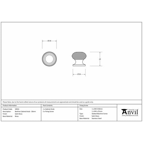 From The Anvil Cabinet Hardware Satin Brass / Cabinet Knobs / 30mm Dia. From The Anvil - Satin Brass Beehive Cabinet Knob 30mm