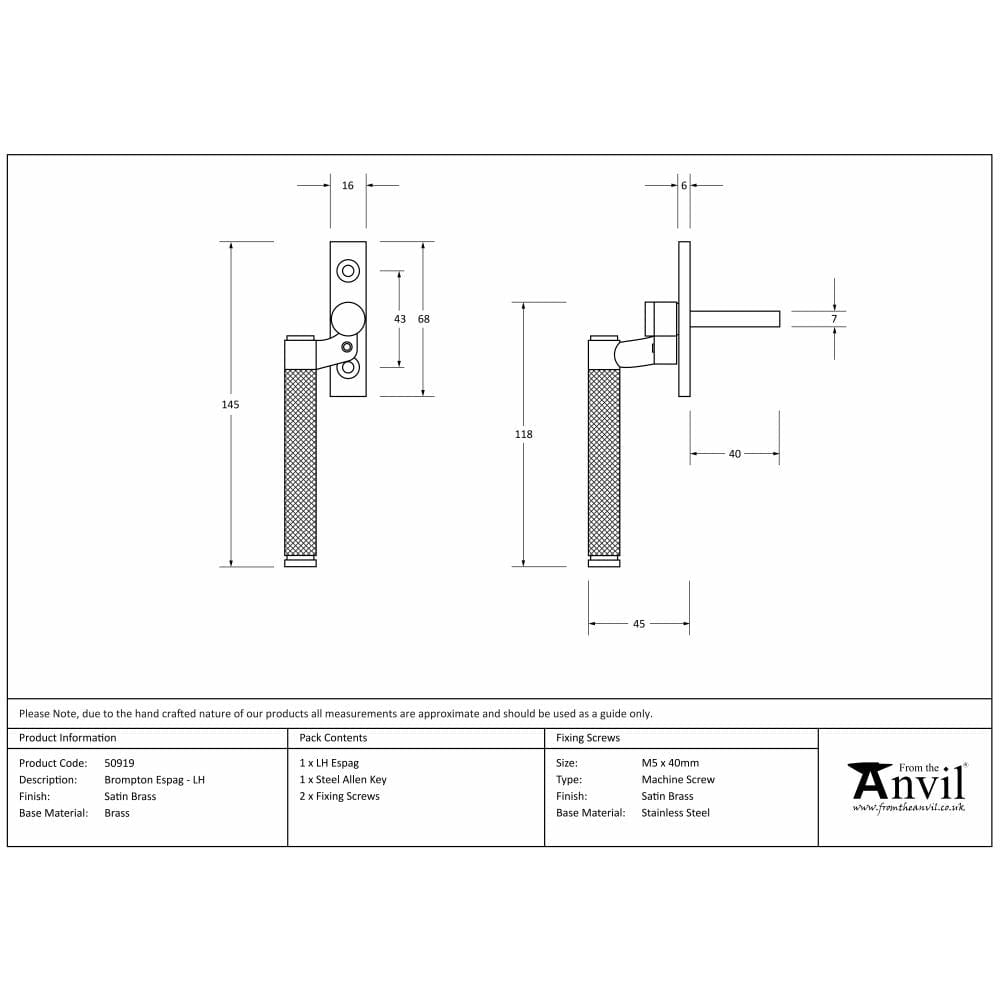 From The Anvil Window Furniture Satin Brass / Left Hand / Yes From The Anvil - Satin Brass Brompton Espag - LH