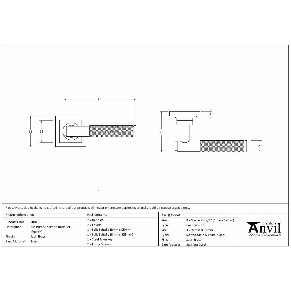 From The Anvil Door Furniture Satin Brass / Square Rose From The Anvil - Satin Brass Brompton Lever on Rose Set (Square)