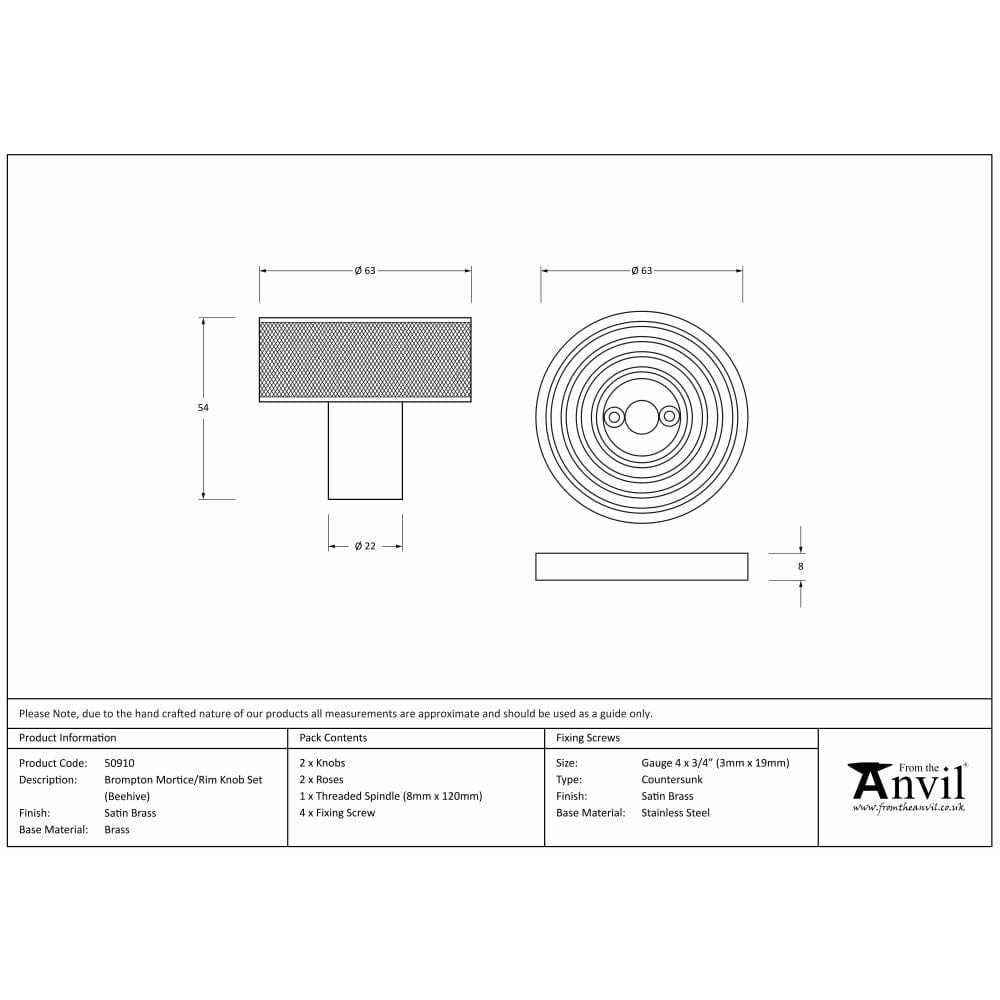 From The Anvil Door Furniture Satin Brass / Mortice/Rim Knobs From The Anvil - Satin Brass Brompton Mortice/Rim Knob Set (Beehive)