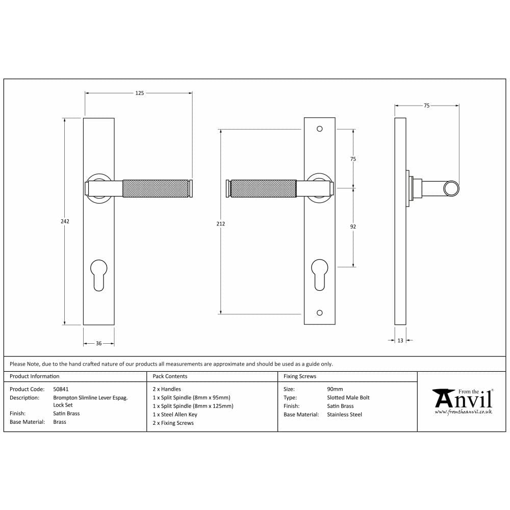 From The Anvil Door Furniture Satin Brass / Multi Point Lock Set / 92mm c/c From The Anvil - Satin Brass Brompton Slimline Lever Espag. Lock Set