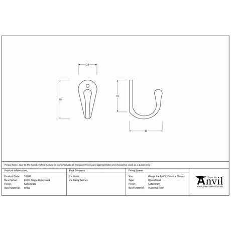 From The Anvil Accessories Satin Brass / Single Coat Hooks From The Anvil - Satin Brass Celtic Single Robe Hook