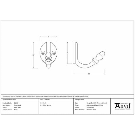 From The Anvil Accessories Satin Brass / Single Coat Hooks From The Anvil - Satin Brass Coat Hook