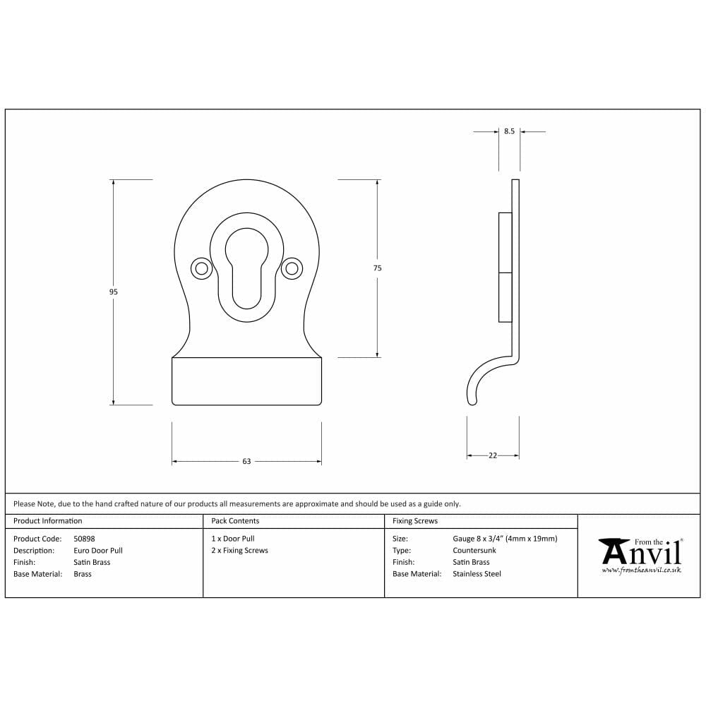 From The Anvil Door Furniture Satin Brass / Euro Profile Cylinder Pull From The Anvil - Satin Brass Euro Door Pull