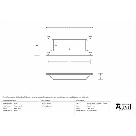 From The Anvil Door Furniture Satin Brass / Flush Handle / Rectangular From The Anvil - Satin Brass Flush Handle