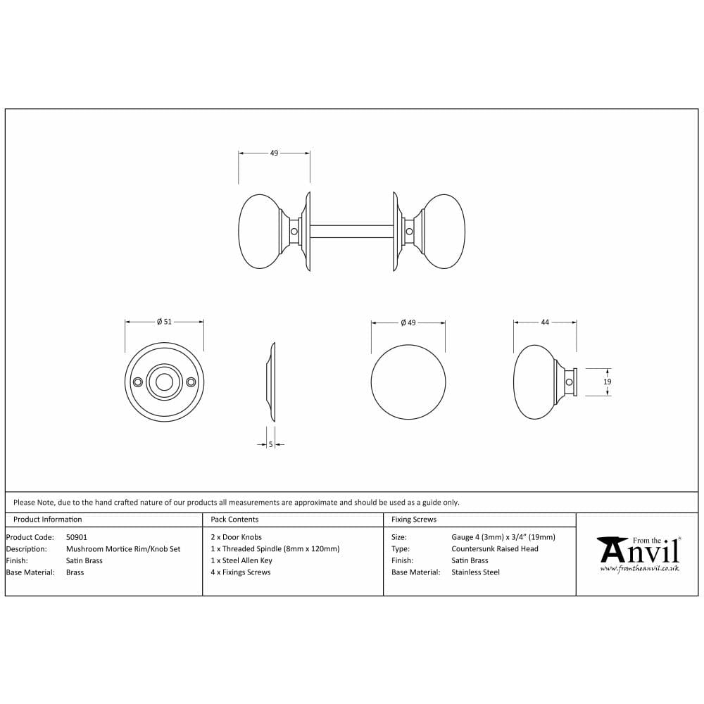 From The Anvil Door Furniture Satin Brass / Mortice/Rim Knobs From The Anvil - Satin Brass Mushroom Mortice/Rim Knob Set