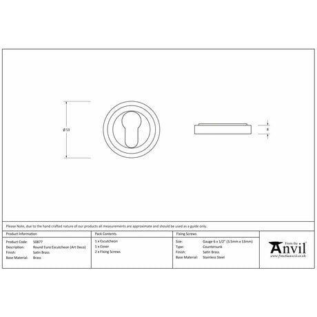 From The Anvil Door Furniture Satin Brass / Euro Profile Escutcheons From The Anvil - Satin Brass Round Euro Escutcheon (Art Deco)