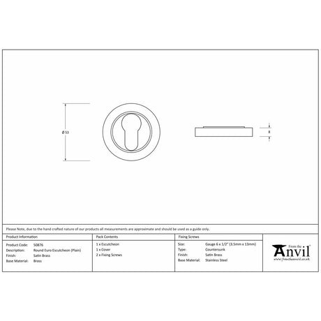 From The Anvil Door Furniture Satin Brass / Euro Profile Escutcheons From The Anvil - Satin Brass Round Euro Escutcheon (Plain)