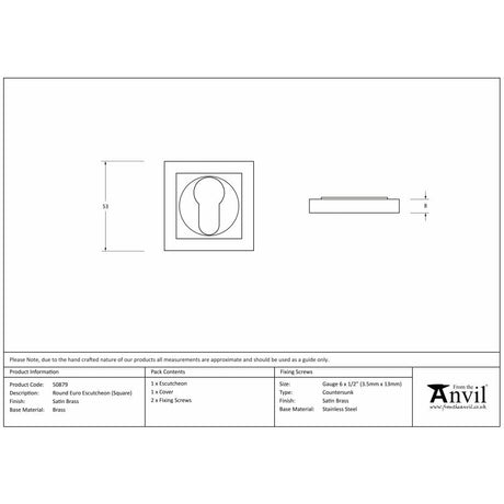 From The Anvil Door Furniture Satin Brass / Euro Profile Escutcheons From The Anvil - Satin Brass Round Euro Escutcheon (Square)