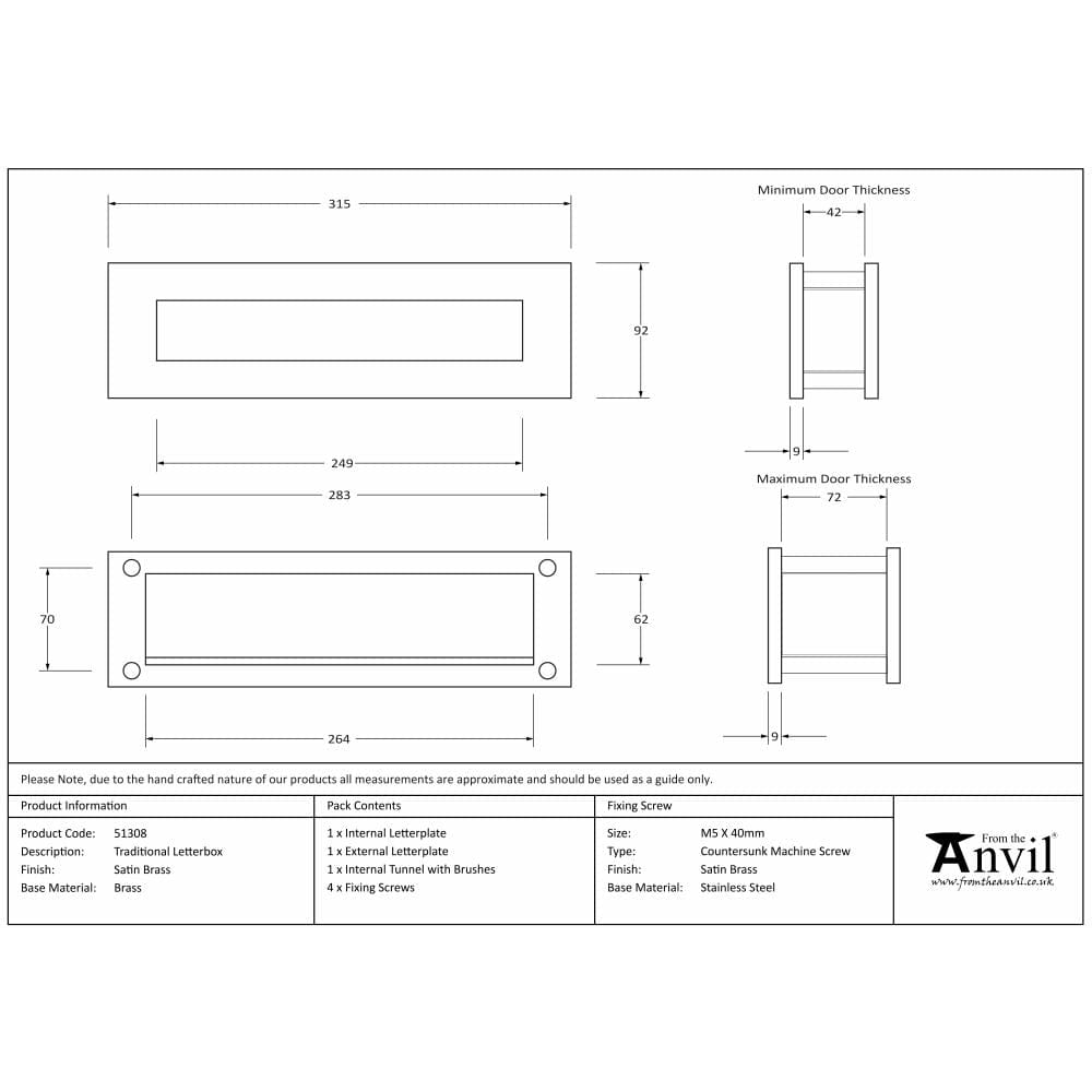 From The Anvil Door Furniture Satin Brass / Sleeved Letterbox / 315 x 92mm From The Anvil - Satin Brass Traditional Letterbox