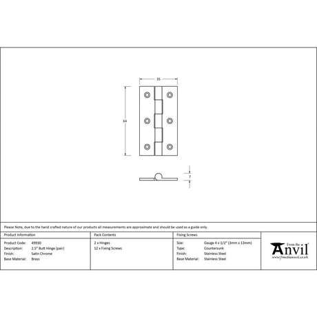 From The Anvil Hinges Satin Chrome / Butt Hinges / 2.5" (64mm) From The Anvil - Satin Chrome 2.5" Butt Hinge (pair)