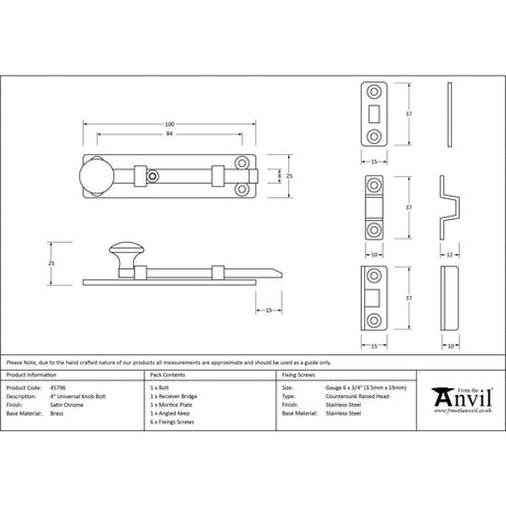 From The Anvil Accessories Satin Chrome / Straight Surface Bolts / 100mm / 4" From The Anvil - Satin Chrome 4" Universal Bolt