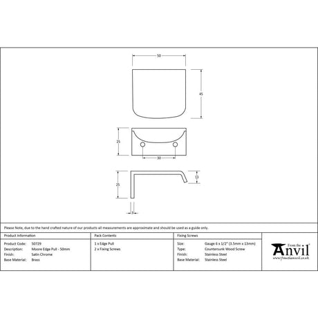 From The Anvil Cabinet Hardware Satin Chrome / Edge Pull / 50mm From The Anvil - Satin Chrome 50mm Moore Edge Pull