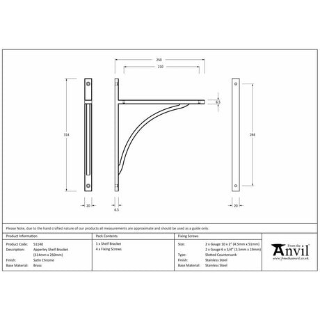 From The Anvil Accessories Satin Chrome / Shelf Brackets / 314 x 250mm From The Anvil - Satin Chrome Apperley Shelf Bracket (314mm x 250mm)